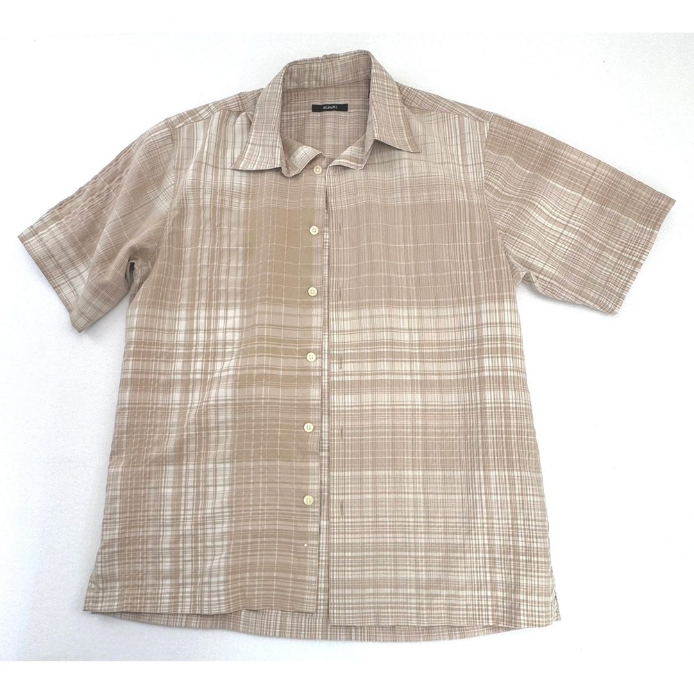 Alfani Mens Tan Plaid Short Sleeve Button Down Shirt Modal Blend Size S